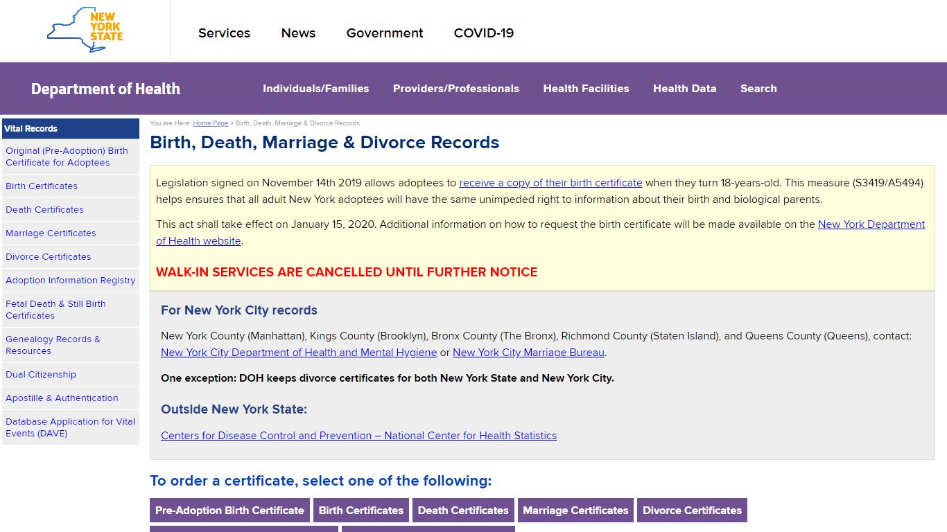 Birth, Death, Marriage & Divorce Records - New York State Department of ...