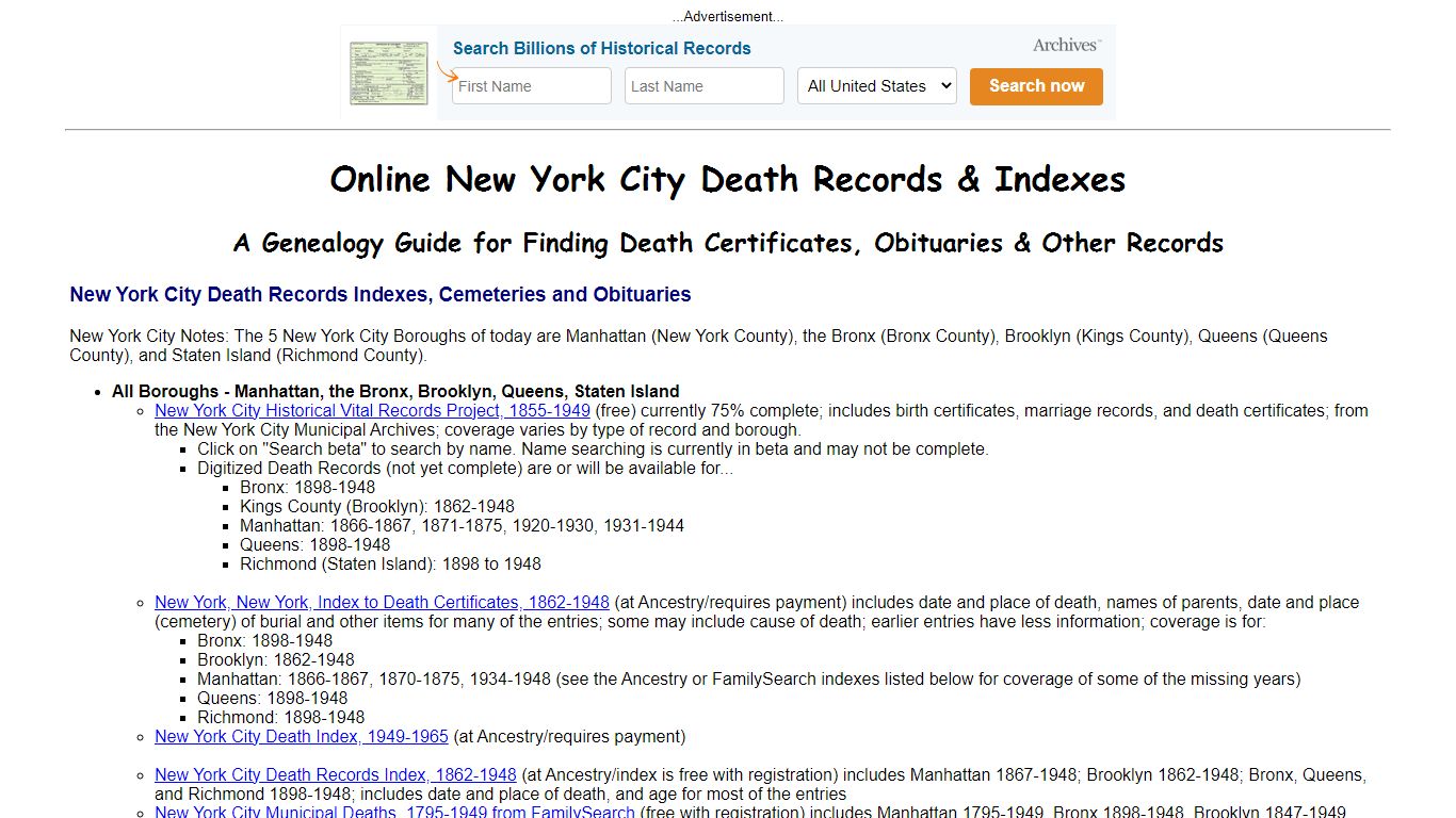 Online New York City Death Indexes, Records and Obituaries